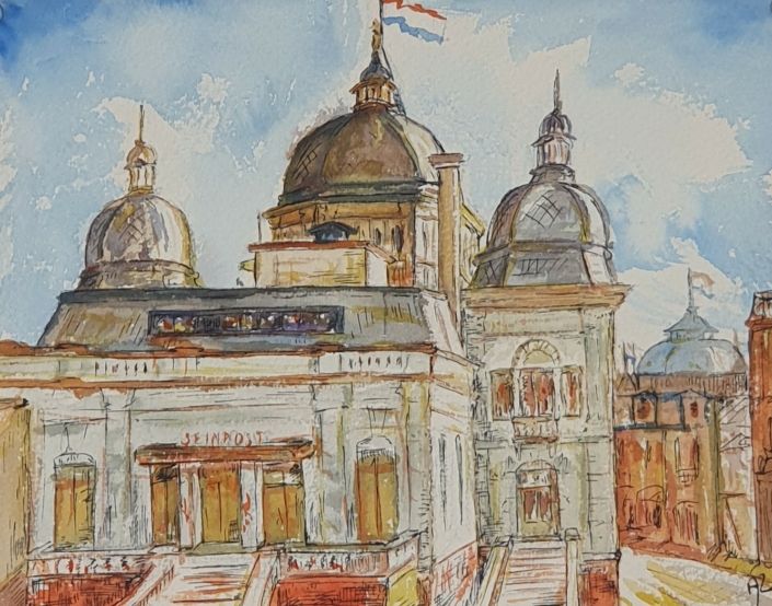 Building of the Seinpost Restaurant in Scheveningen, Netherland - Water Colors (19x24cm)