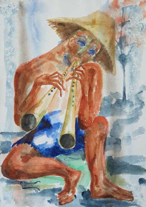 Man with Flutes - Water Colors (49x35cm, 1986)