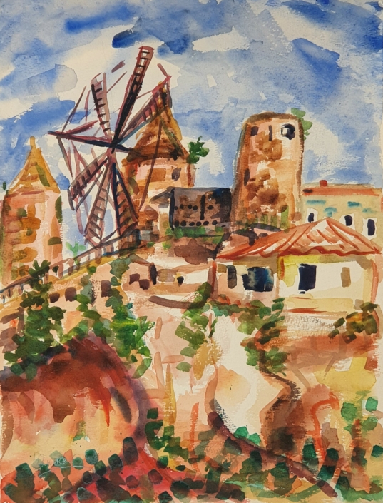 Windmill in Jerusalem - Water Colors (42x32cm)