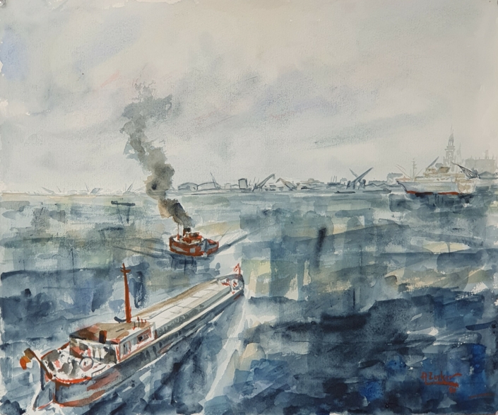 The port of Antwerp - Water Colors (38x45cm, 1990)