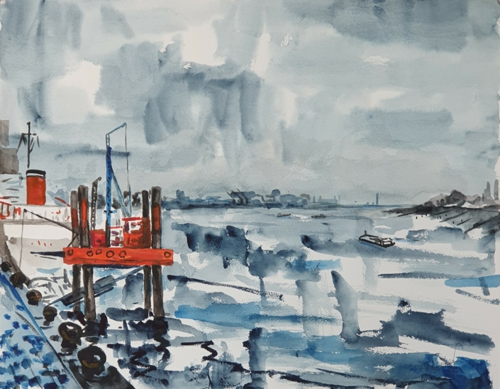 The port of Antwerp - Water Colors (36x46cm, 1986)