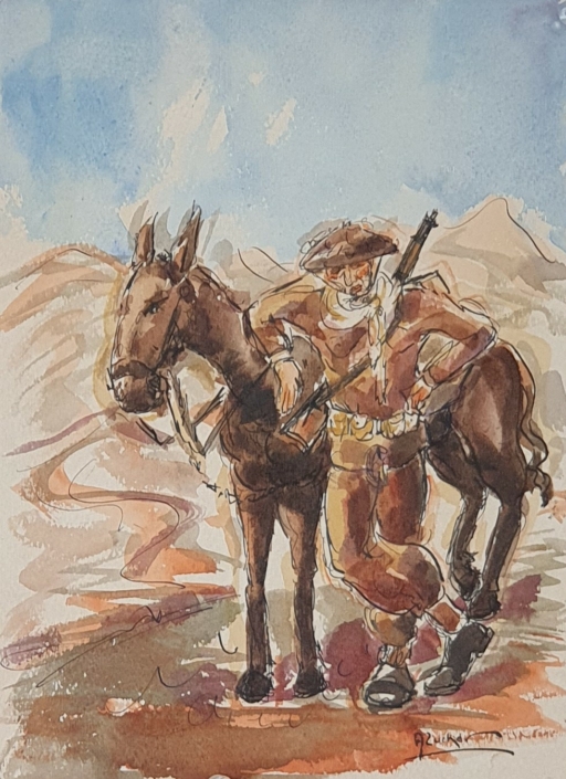 Soldier with donkey - Water Colors (25x19cm)