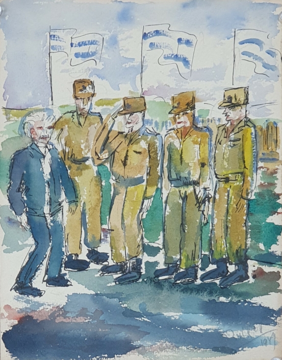 Moshe Sharet visiting the troops - Water Colors (24x19cm, 1949)