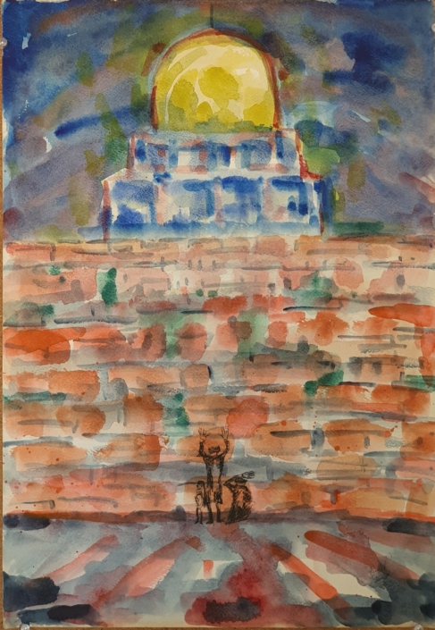 Jerusalem, The wailing wall and golden dome - Water Colors (50x34cm, 1976)