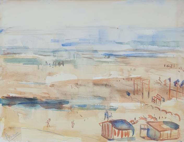 Le cocq on the Belgian beach - Water Colors (36x27cm, 1957)
