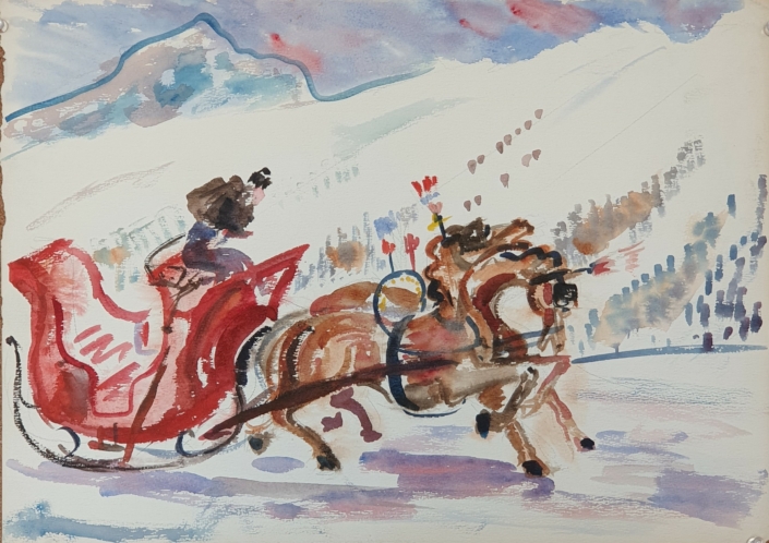 A sleigh on snow (unsigned) - Water Colors (33x46cm)