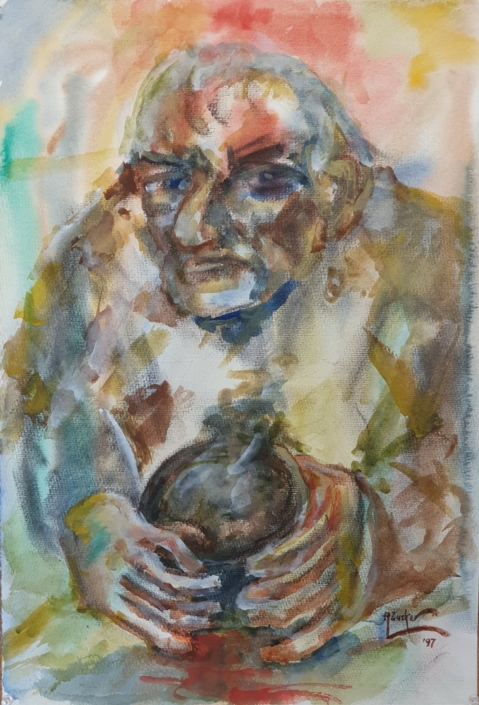 Man holding a pint - Water Colors (55x39cm, 1997)
