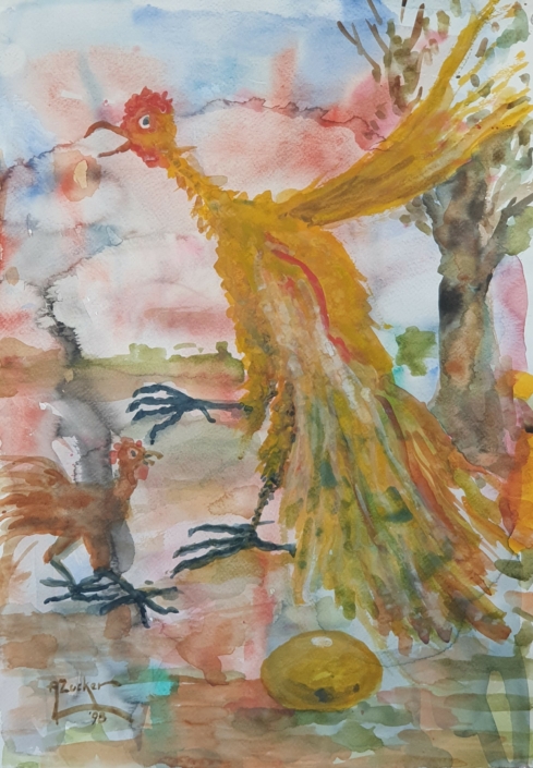 Rooster with hen - Water Colors (50x35cm, 198)