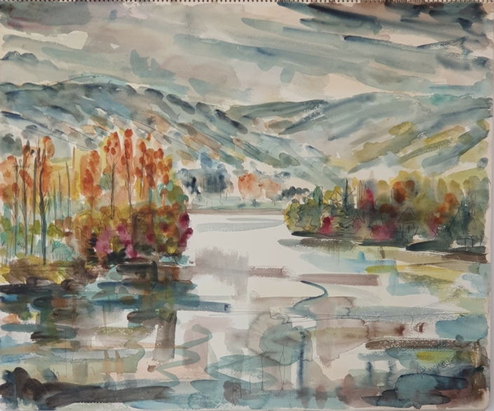 The river Meuse near Wepion (Namur) in Belgium - Water Colors (46x55cm, 1966)