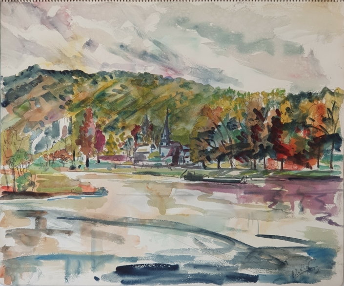 The river Meuse near Wepion (Namur) in Belgium - Water Colors (46x55cm, 1966)