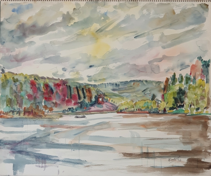 The river Meuse near Wepion (Namur) in Belgium - Water Colors (46x55cm, 1966)