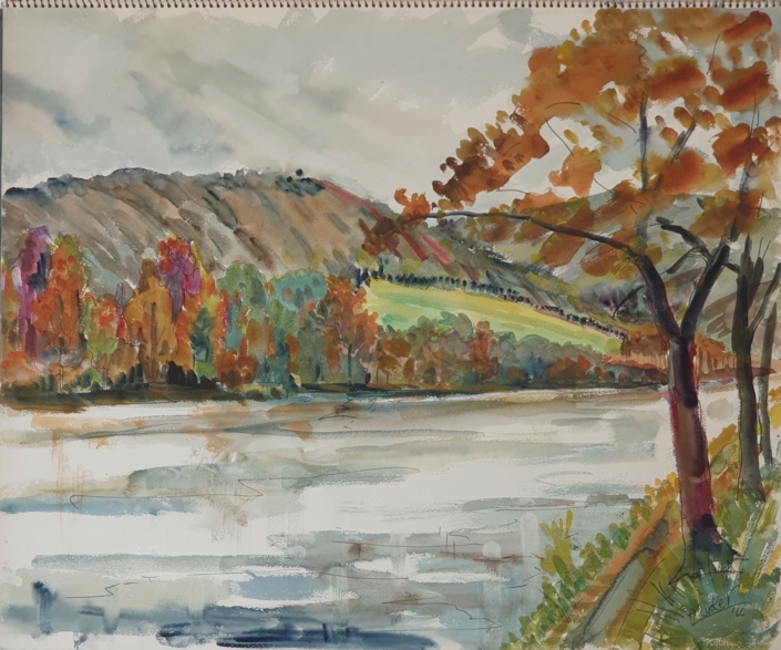 The river Meuse near Wepion (Namur) in Belgium - Water Colors (46x55cm, 1966)