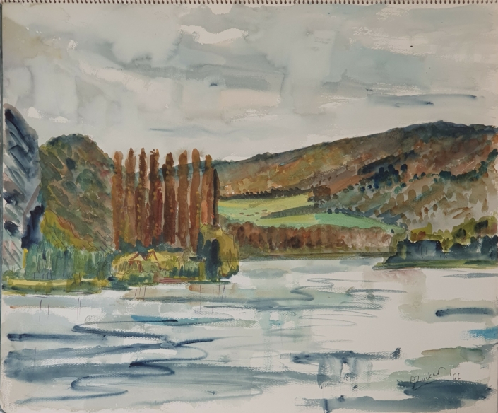 The river Meuse near Wepion (Namur) in Belgium - Water Colors (46x55cm, 1966)