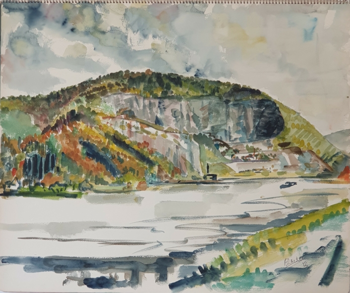 The river Meuse near Wepion (Namur) in Belgium - Water Colors (46x55cm, 1966)