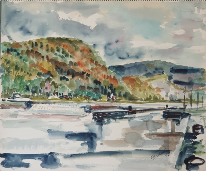 The river Meuse near Wepion (Namur) in Belgium - Water Colors (46x55cm, 1966)