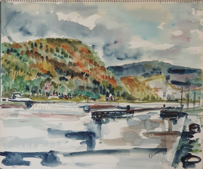 The river Meuse near Wepion (Namur) in Belgium - Water Colors (46x55cm, 1966)