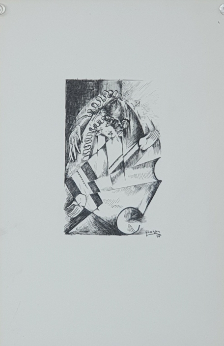 Bar Mitzva - Father with son reading the Torah - Black Ink (27x18cm, 1960)