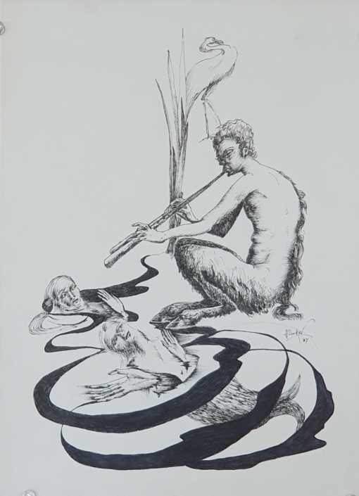 Pan playing the flute - Black Ink (34x25cm, 1987)
