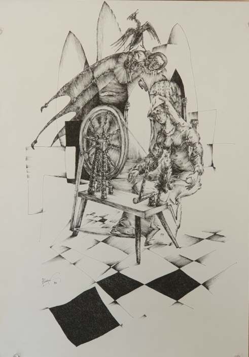 Woman activating a loom - Black Ink (49x35cm, 1986)