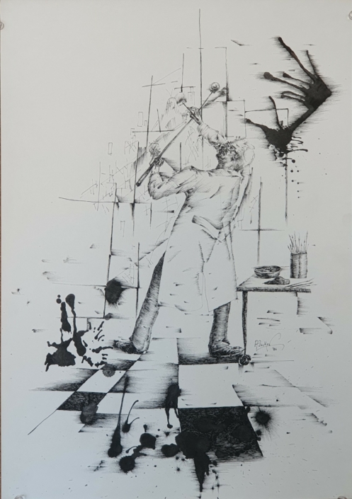 The painter working - Black Ink (49x34cm, 1986)