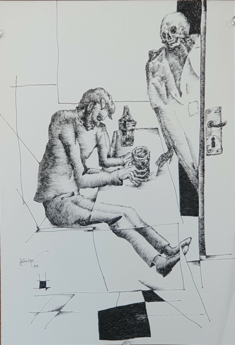 Reflections while drinking beer - Black Ink (34x23cm, 1993)