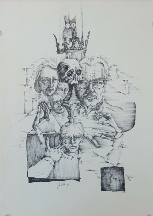 Autoportrait with  family - Black Ink (35x25cm, 1977)