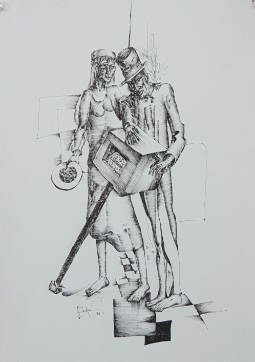 Beggars with a music box - Black Ink (34x24cm, 1986)