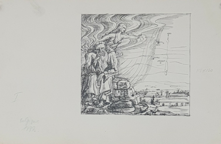 Moses looking at the promised land - Study for Wood Carving - Black Ink (12x13cm, 1937)