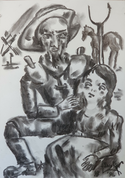 Don Quixote with girl friend - Charcoal / Soft Pencil (49x35cm, 1996)