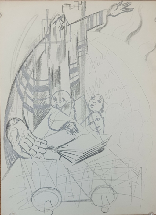 Study for the ceramic wall at the Tachkemoni school - Charcoal / Soft Pencil (36x26cm)