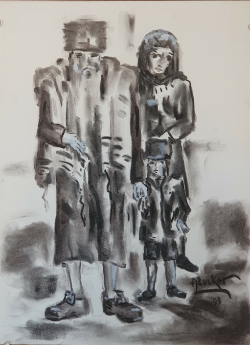 Orthodox man, wife and son - Charcoal / Soft Pencil (47x34cm, 1993)
