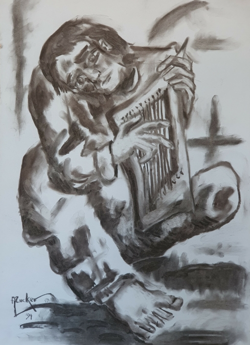 Man playing the harp - Charcoal / Soft Pencil (68x50cm, 1994)