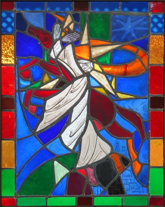 Elijah ascending to heaven -Window at the Day Care center for the elderly in Rehovot - Stained Glass (90x80cm, 1989)